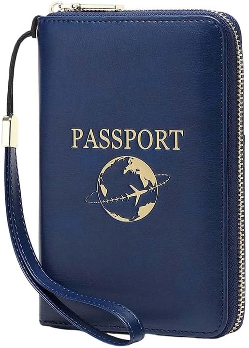 Multi-Functional RFID Passport Wallet,Slim Leather Travel Wallet for Men & Women, Anti-Theft Passport Holder With Zipper & Wristlet Strap,Holds Credit Cards, Cash,Tickets, Boarding Passes (Brown)