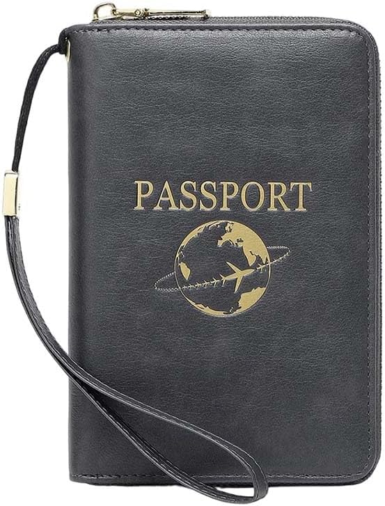Multi-Functional RFID Passport Wallet,Slim Leather Travel Wallet for Men & Women, Anti-Theft Passport Holder With Zipper & Wristlet Strap,Holds Credit Cards, Cash,Tickets, Boarding Passes (Brown)