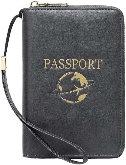 Multi-Functional RFID Passport Wallet,Slim Leather Travel Wallet for Men & Women, Anti-Theft Passport Holder With Zipper & Wristlet Strap,Holds Credit Cards, Cash,Tickets, Boarding Passes (Brown)