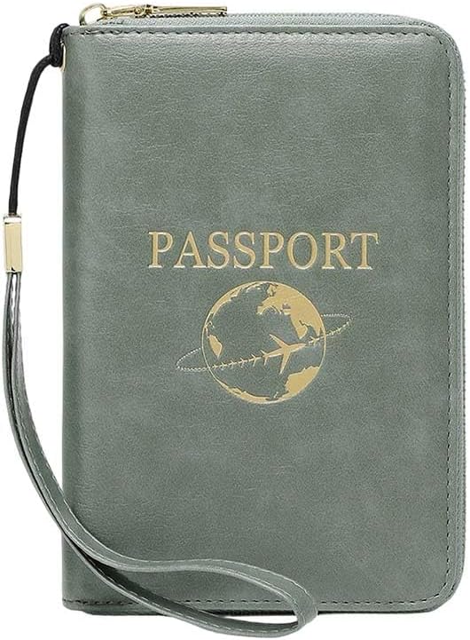 Multi-Functional RFID Passport Wallet,Slim Leather Travel Wallet for Men & Women, Anti-Theft Passport Holder With Zipper & Wristlet Strap,Holds Credit Cards, Cash,Tickets, Boarding Passes (Brown)