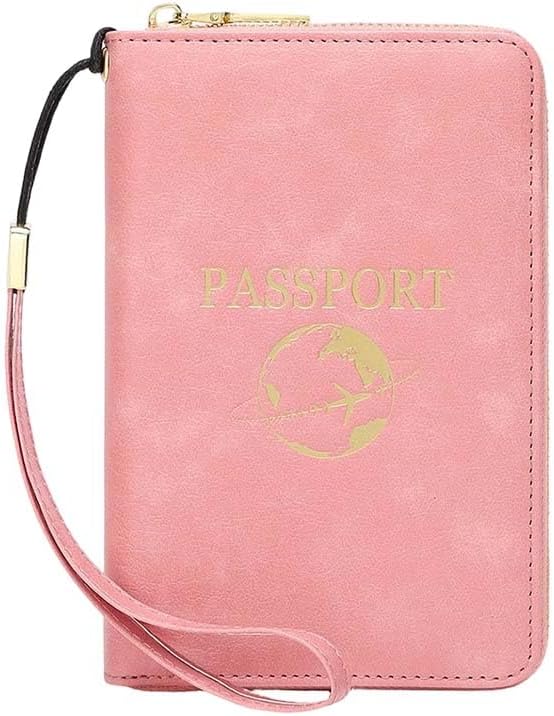 Multi-Functional RFID Passport Wallet,Slim Leather Travel Wallet for Men & Women, Anti-Theft Passport Holder With Zipper & Wristlet Strap,Holds Credit Cards, Cash,Tickets, Boarding Passes (Brown)