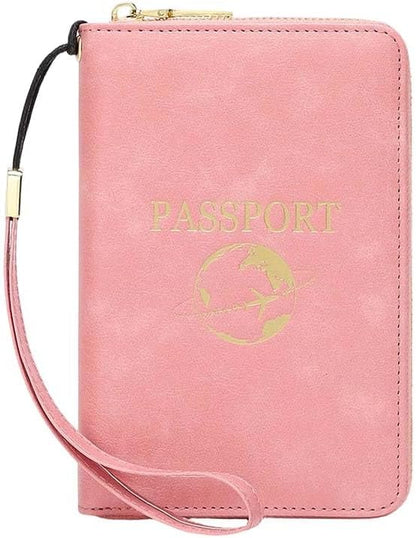 Multi-Functional RFID Passport Wallet,Slim Leather Travel Wallet for Men & Women, Anti-Theft Passport Holder With Zipper & Wristlet Strap,Holds Credit Cards, Cash,Tickets, Boarding Passes (Brown)