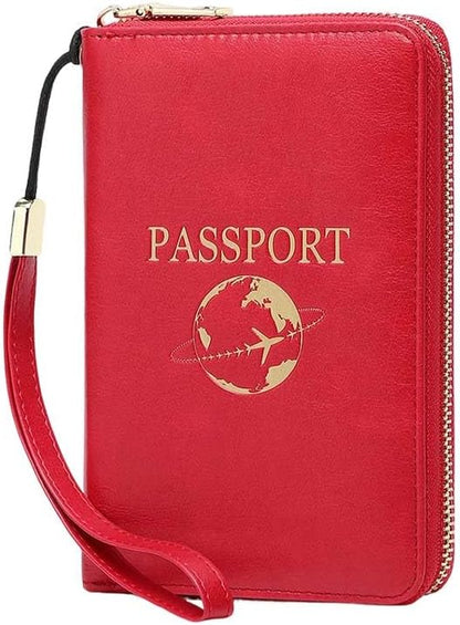 Multi-Functional RFID Passport Wallet,Slim Leather Travel Wallet for Men & Women, Anti-Theft Passport Holder With Zipper & Wristlet Strap,Holds Credit Cards, Cash,Tickets, Boarding Passes (Brown)