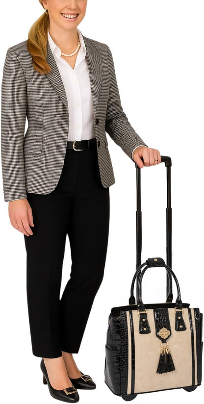 JKM & Company Rolling Laptop Bag for Women | Designer Wheeled Briefcase | Fits 13-17" Laptops | Office Travel Computer Case (Executive Taupe)