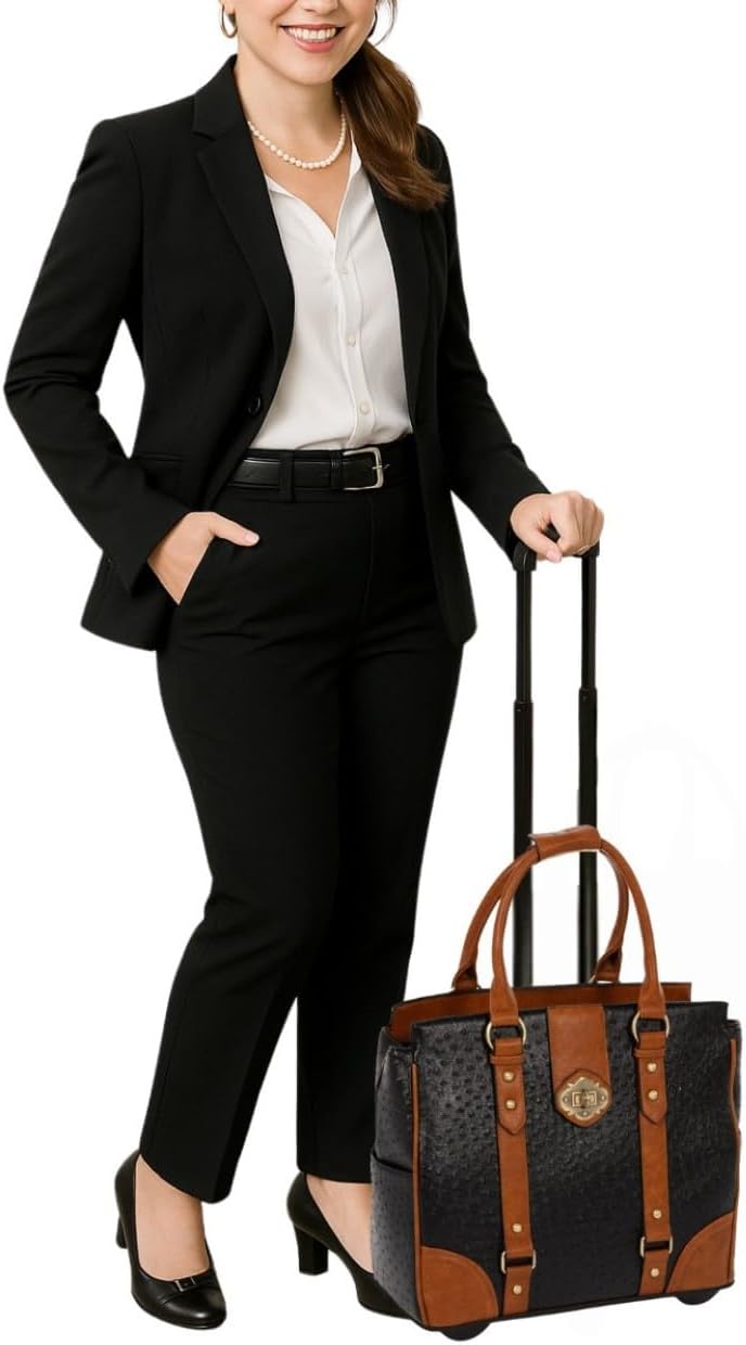 JKM & Company Rolling Laptop Bag for Women | Designer Wheeled Briefcase | Fits 13-17" Laptops | Office Travel Computer Case (Executive Taupe)