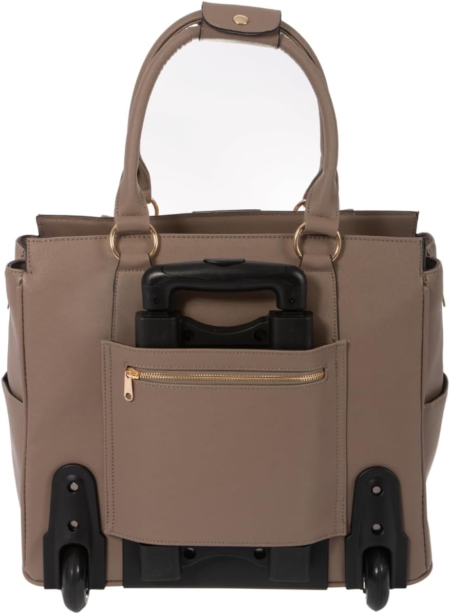 JKM & Company Rolling Laptop Bag for Women | Designer Wheeled Briefcase | Fits 13-17" Laptops | Office Travel Computer Case (Executive Taupe)