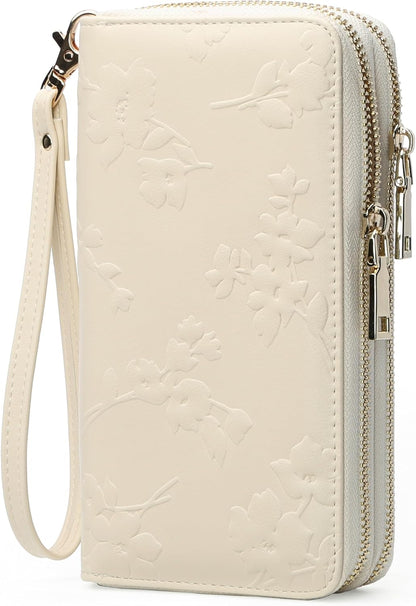 Womens Wallet RFID Blocking Large Capacity Vegan Leather Double Zip Wristlet Wallet Card Holder Travel Ladies Clutch