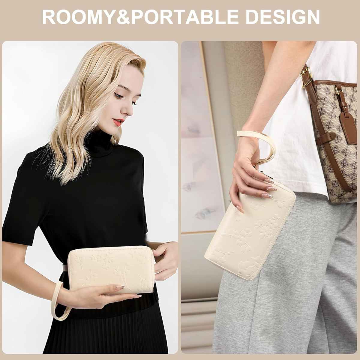 Womens Wallet RFID Blocking Large Capacity Vegan Leather Double Zip Wristlet Wallet Card Holder Travel Ladies Clutch