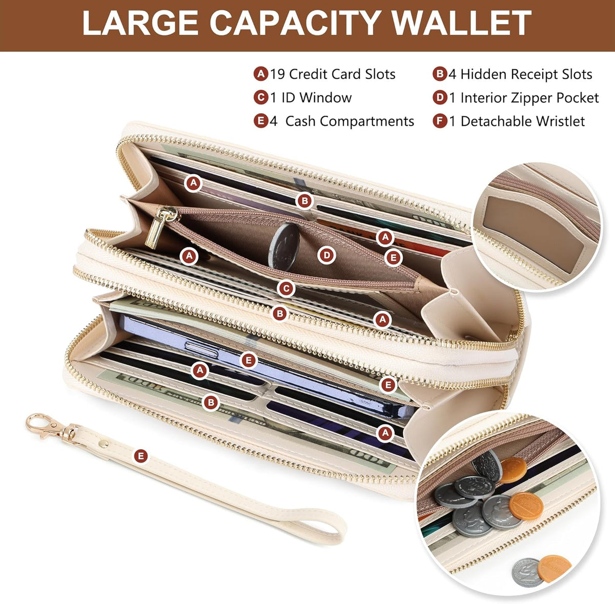 Womens Wallet RFID Blocking Large Capacity Vegan Leather Double Zip Wristlet Wallet Card Holder Travel Ladies Clutch