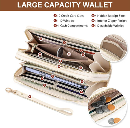 Womens Wallet RFID Blocking Large Capacity Vegan Leather Double Zip Wristlet Wallet Card Holder Travel Ladies Clutch