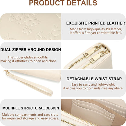 Womens Wallet RFID Blocking Large Capacity Vegan Leather Double Zip Wristlet Wallet Card Holder Travel Ladies Clutch
