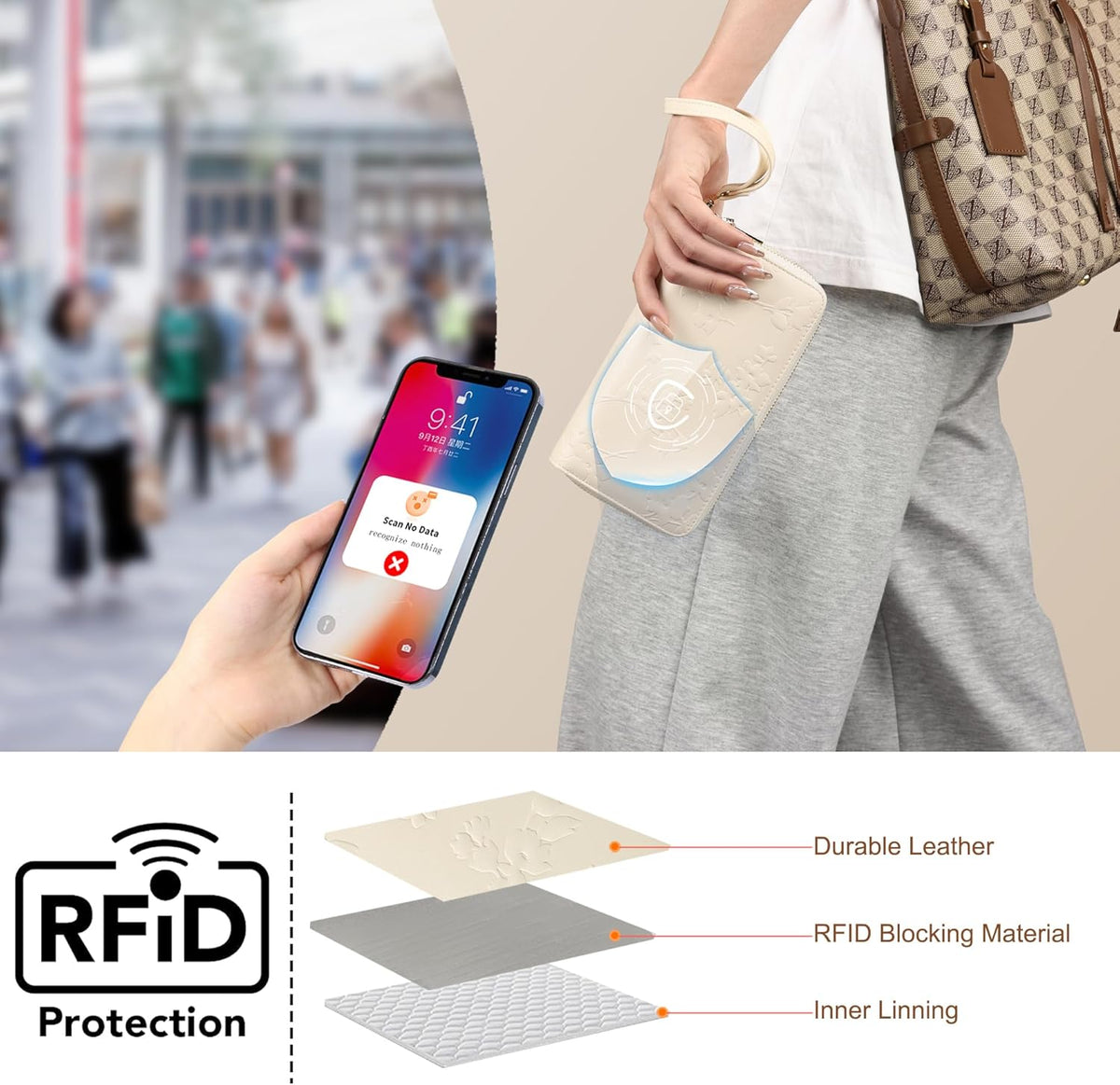 Womens Wallet RFID Blocking Large Capacity Vegan Leather Double Zip Wristlet Wallet Card Holder Travel Ladies Clutch
