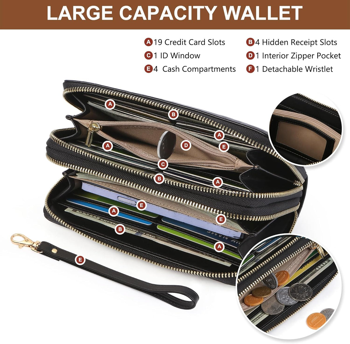 Womens Wallet RFID Blocking Large Capacity Vegan Leather Double Zip Wristlet Wallet Card Holder Travel Ladies Clutch