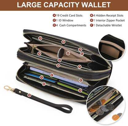 Womens Wallet RFID Blocking Large Capacity Vegan Leather Double Zip Wristlet Wallet Card Holder Travel Ladies Clutch