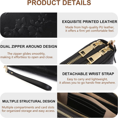 Womens Wallet RFID Blocking Large Capacity Vegan Leather Double Zip Wristlet Wallet Card Holder Travel Ladies Clutch