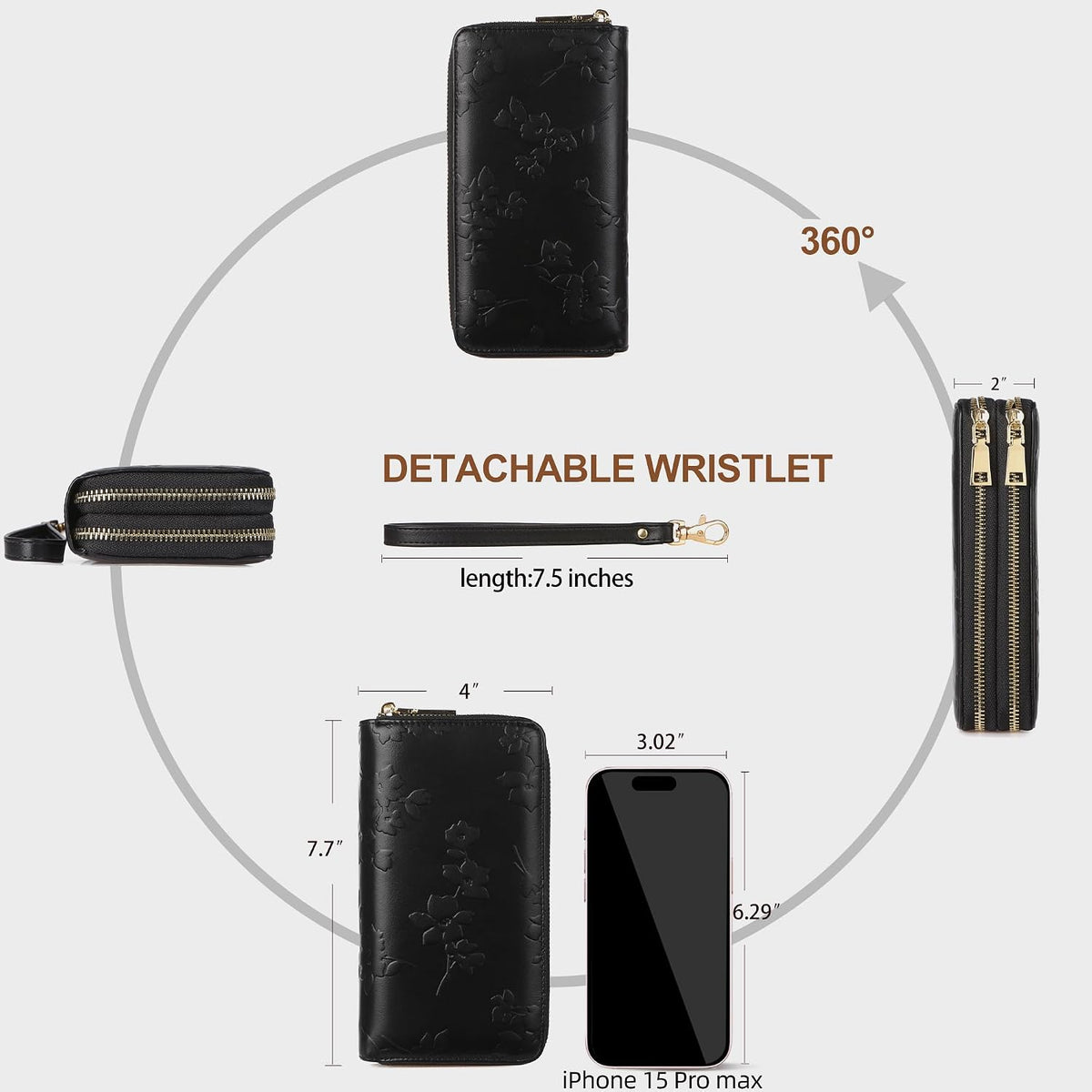 Womens Wallet RFID Blocking Large Capacity Vegan Leather Double Zip Wristlet Wallet Card Holder Travel Ladies Clutch