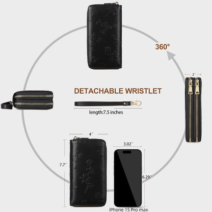 Womens Wallet RFID Blocking Large Capacity Vegan Leather Double Zip Wristlet Wallet Card Holder Travel Ladies Clutch