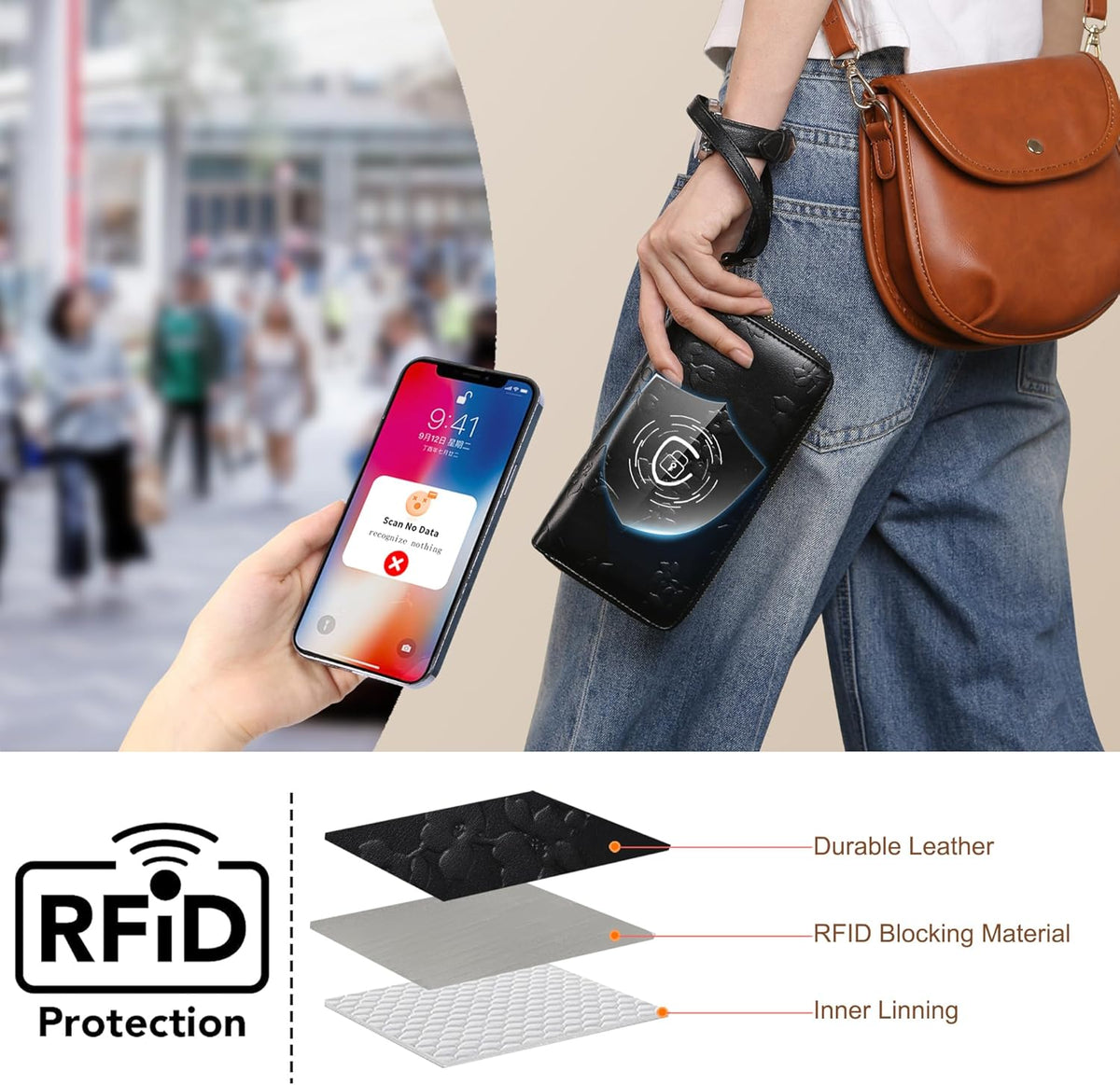 Womens Wallet RFID Blocking Large Capacity Vegan Leather Double Zip Wristlet Wallet Card Holder Travel Ladies Clutch