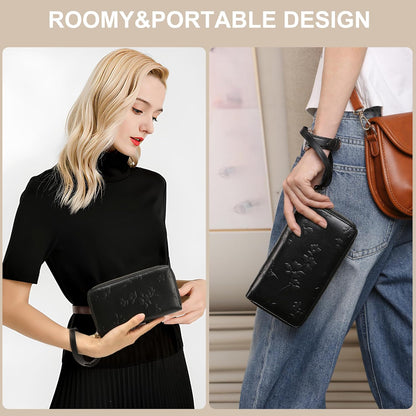 Womens Wallet RFID Blocking Large Capacity Vegan Leather Double Zip Wristlet Wallet Card Holder Travel Ladies Clutch