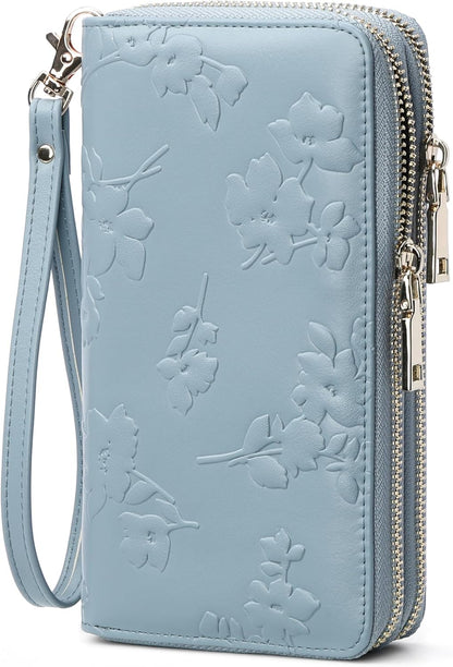 Womens Wallet RFID Blocking Large Capacity Vegan Leather Double Zip Wristlet Wallet Card Holder Travel Ladies Clutch