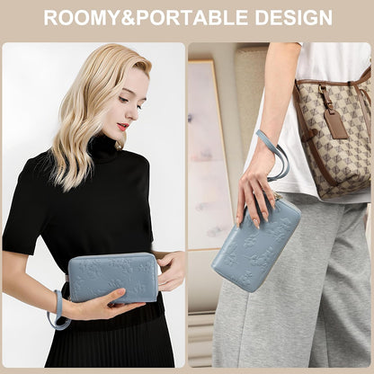 Womens Wallet RFID Blocking Large Capacity Vegan Leather Double Zip Wristlet Wallet Card Holder Travel Ladies Clutch