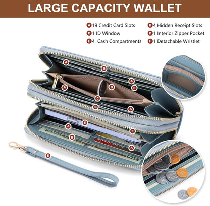 Womens Wallet RFID Blocking Large Capacity Vegan Leather Double Zip Wristlet Wallet Card Holder Travel Ladies Clutch