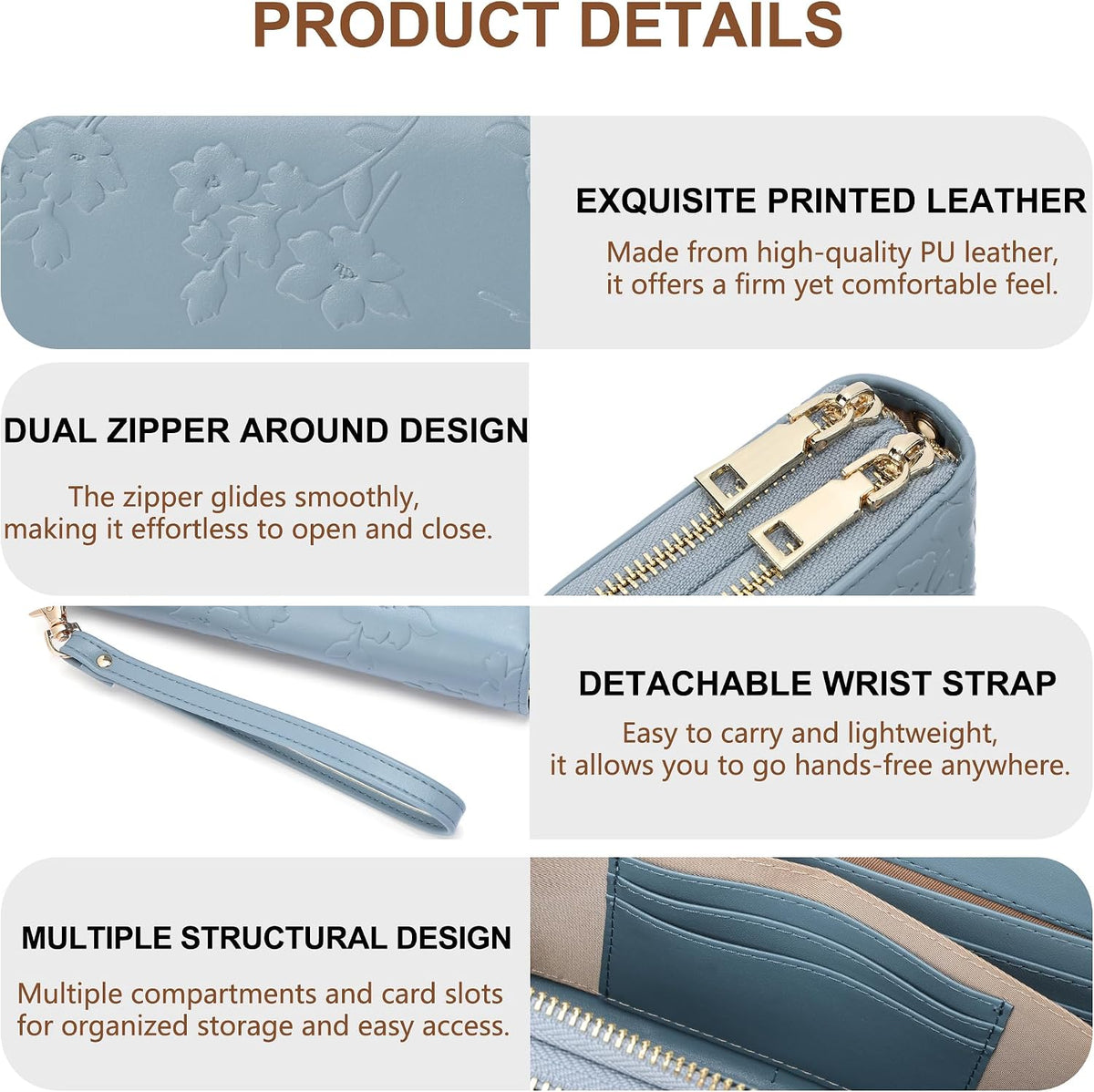 Womens Wallet RFID Blocking Large Capacity Vegan Leather Double Zip Wristlet Wallet Card Holder Travel Ladies Clutch