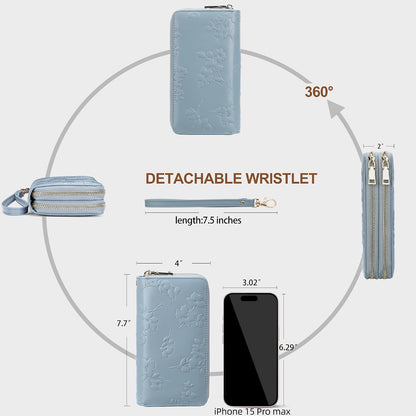 Womens Wallet RFID Blocking Large Capacity Vegan Leather Double Zip Wristlet Wallet Card Holder Travel Ladies Clutch