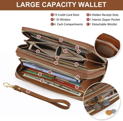 Womens Wallet RFID Blocking Large Capacity Vegan Leather Double Zip Wristlet Wallet Card Holder Travel Ladies Clutch