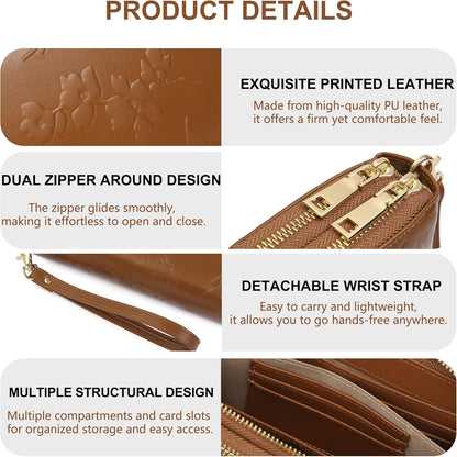 Womens Wallet RFID Blocking Large Capacity Vegan Leather Double Zip Wristlet Wallet Card Holder Travel Ladies Clutch