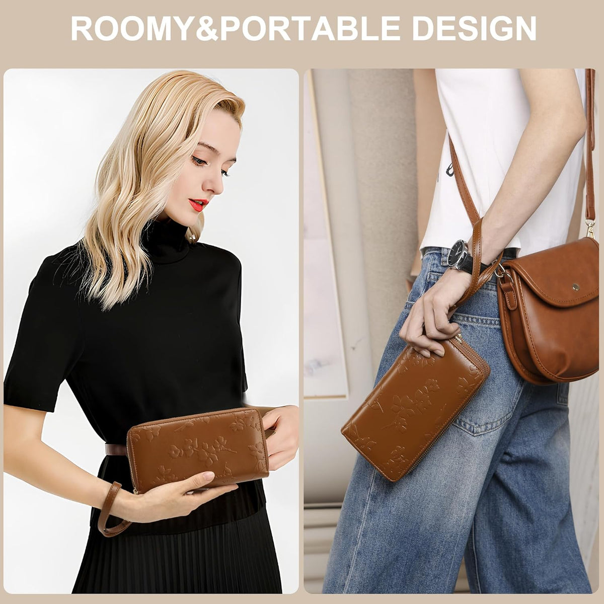 Womens Wallet RFID Blocking Large Capacity Vegan Leather Double Zip Wristlet Wallet Card Holder Travel Ladies Clutch