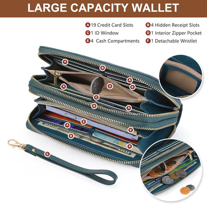 Womens Wallet RFID Blocking Large Capacity Vegan Leather Double Zip Wristlet Wallet Card Holder Travel Ladies Clutch