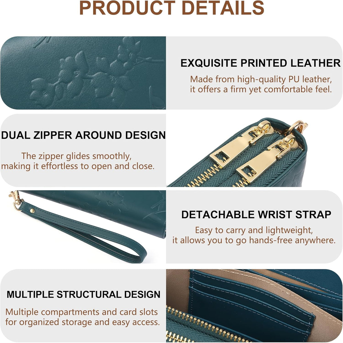 Womens Wallet RFID Blocking Large Capacity Vegan Leather Double Zip Wristlet Wallet Card Holder Travel Ladies Clutch