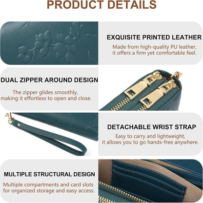 Womens Wallet RFID Blocking Large Capacity Vegan Leather Double Zip Wristlet Wallet Card Holder Travel Ladies Clutch
