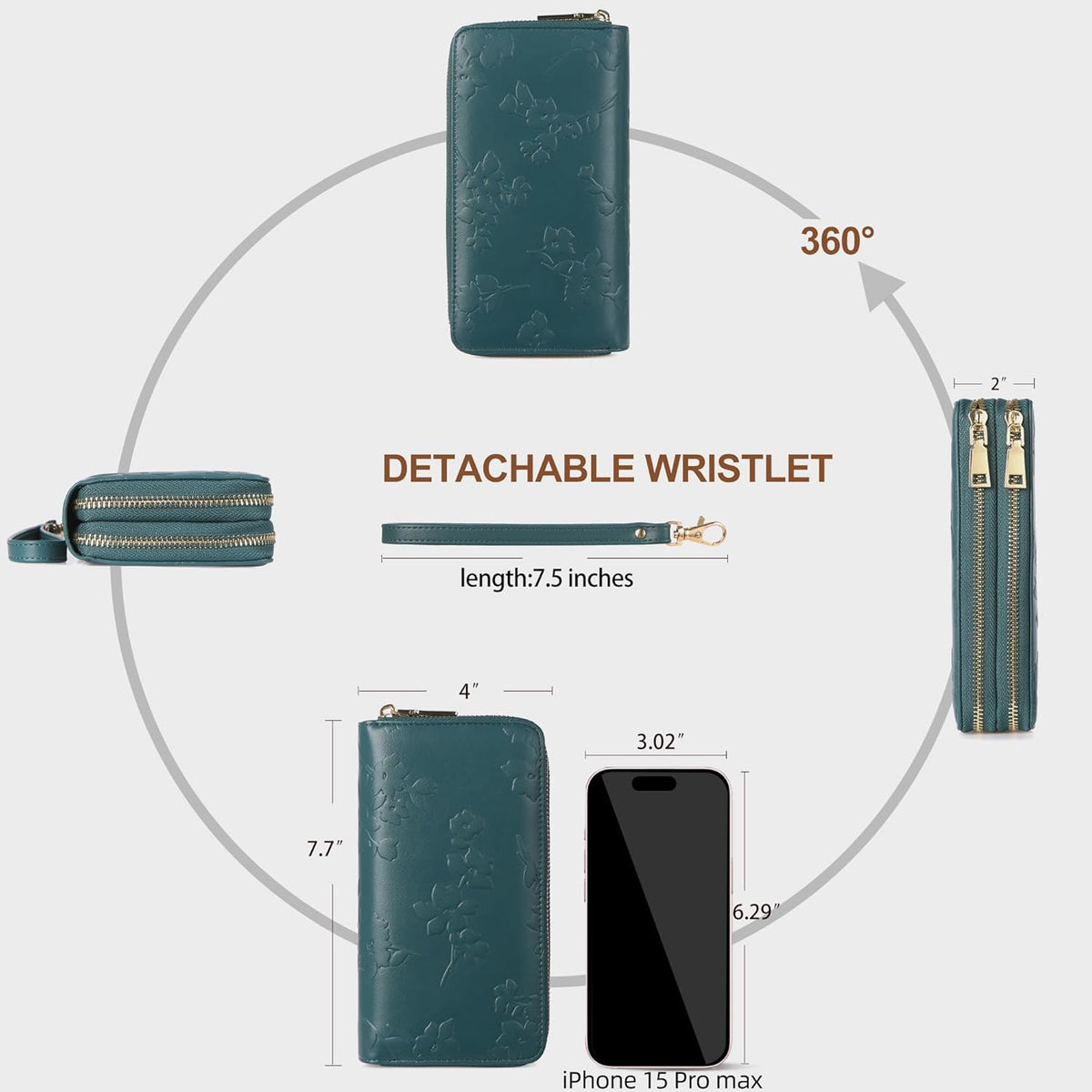 Womens Wallet RFID Blocking Large Capacity Vegan Leather Double Zip Wristlet Wallet Card Holder Travel Ladies Clutch