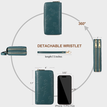 Womens Wallet RFID Blocking Large Capacity Vegan Leather Double Zip Wristlet Wallet Card Holder Travel Ladies Clutch