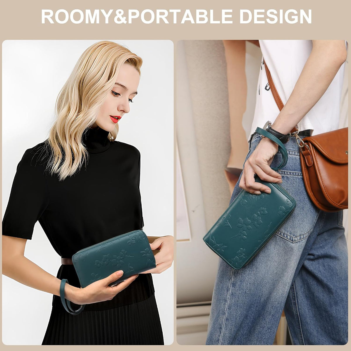 Womens Wallet RFID Blocking Large Capacity Vegan Leather Double Zip Wristlet Wallet Card Holder Travel Ladies Clutch