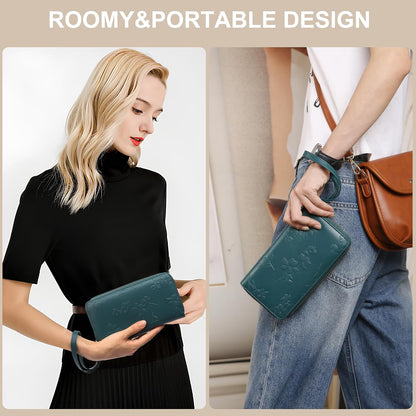 Womens Wallet RFID Blocking Large Capacity Vegan Leather Double Zip Wristlet Wallet Card Holder Travel Ladies Clutch