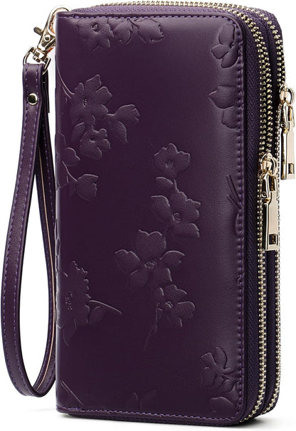 Womens Wallet RFID Blocking Large Capacity Vegan Leather Double Zip Wristlet Wallet Card Holder Travel Ladies Clutch