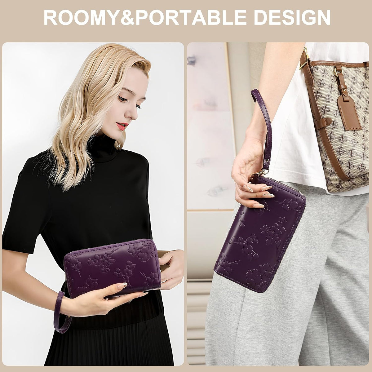 Womens Wallet RFID Blocking Large Capacity Vegan Leather Double Zip Wristlet Wallet Card Holder Travel Ladies Clutch