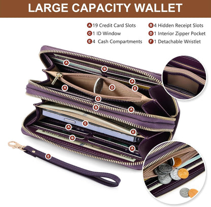 Womens Wallet RFID Blocking Large Capacity Vegan Leather Double Zip Wristlet Wallet Card Holder Travel Ladies Clutch