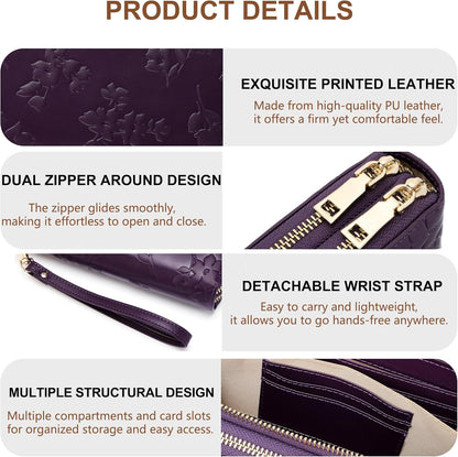 Womens Wallet RFID Blocking Large Capacity Vegan Leather Double Zip Wristlet Wallet Card Holder Travel Ladies Clutch