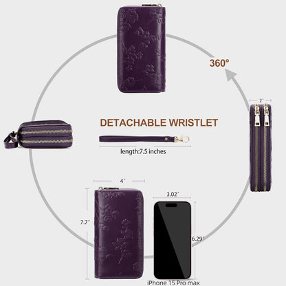 Womens Wallet RFID Blocking Large Capacity Vegan Leather Double Zip Wristlet Wallet Card Holder Travel Ladies Clutch