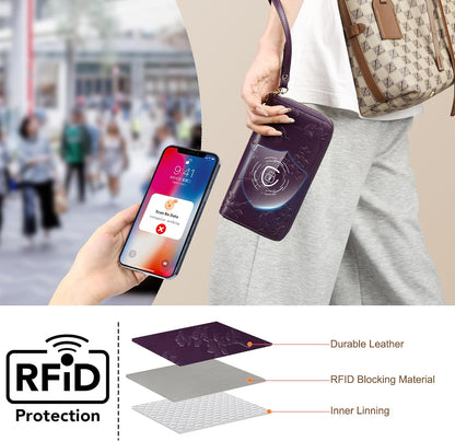Womens Wallet RFID Blocking Large Capacity Vegan Leather Double Zip Wristlet Wallet Card Holder Travel Ladies Clutch