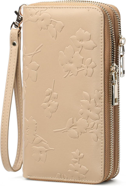 Womens Wallet RFID Blocking Large Capacity Vegan Leather Double Zip Wristlet Wallet Card Holder Travel Ladies Clutch