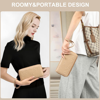 Womens Wallet RFID Blocking Large Capacity Vegan Leather Double Zip Wristlet Wallet Card Holder Travel Ladies Clutch