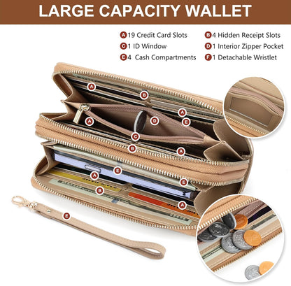 Womens Wallet RFID Blocking Large Capacity Vegan Leather Double Zip Wristlet Wallet Card Holder Travel Ladies Clutch