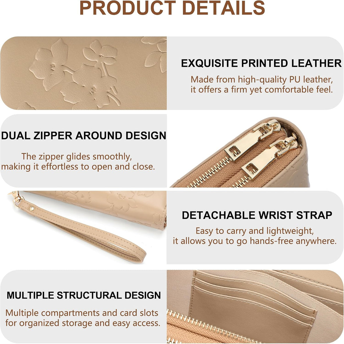 Womens Wallet RFID Blocking Large Capacity Vegan Leather Double Zip Wristlet Wallet Card Holder Travel Ladies Clutch