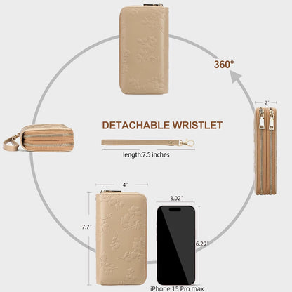 Womens Wallet RFID Blocking Large Capacity Vegan Leather Double Zip Wristlet Wallet Card Holder Travel Ladies Clutch