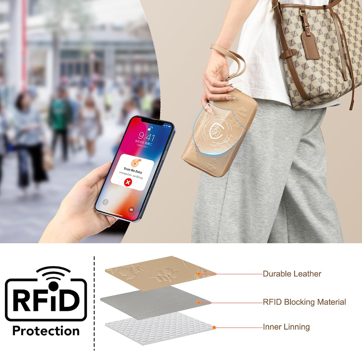 Womens Wallet RFID Blocking Large Capacity Vegan Leather Double Zip Wristlet Wallet Card Holder Travel Ladies Clutch